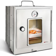 Modern Innovations front view of assembled oven showing door and thermometer benefit: easy monitoring