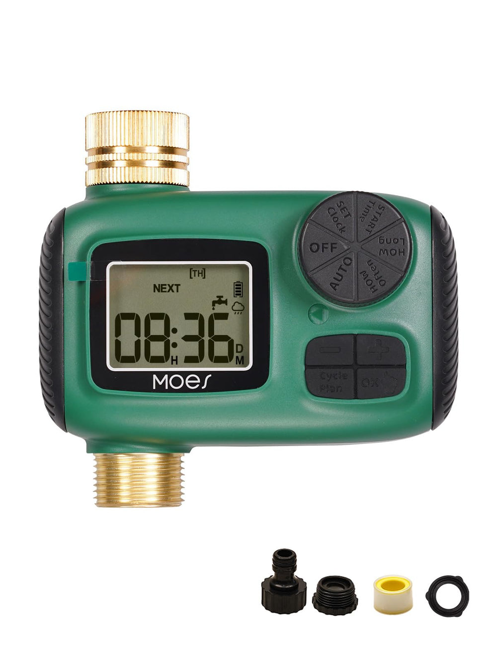 MOES front view showing brass inlet and compact body for reliability