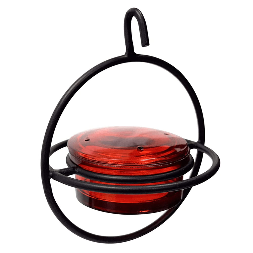 Monarch Abode front view showing red bowl and black metal frame attracts hummingbirds