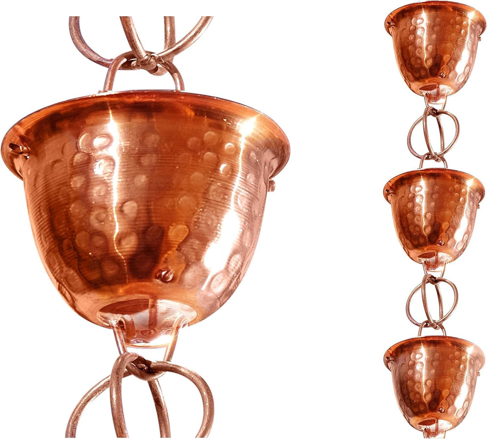 Monarch Rain Chains front view showing full 8.5 ft copper rain chain and cups, enhances curb appeal