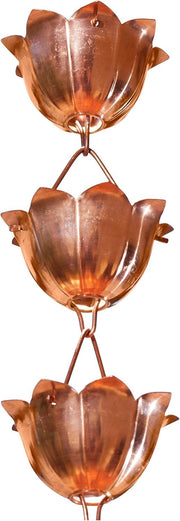 Monarch Rain Chains front view showing full 8.5 ft lotus cups and polished copper benefit