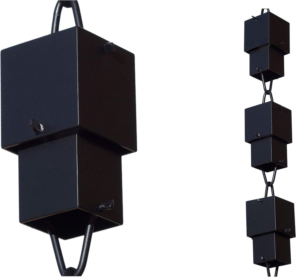 Monarch Rain Chains front view showing matte black cubes and modern styling benefit curb appeal