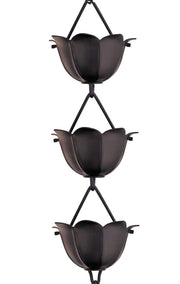 Monarch Rain Chains lotus front view showing matte black finish and decorative cups benefiting curb appeal