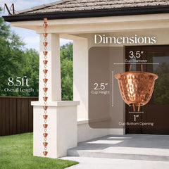 Monarch Rain Chains installed on porch capturing water flow and creating soothing outdoor sound