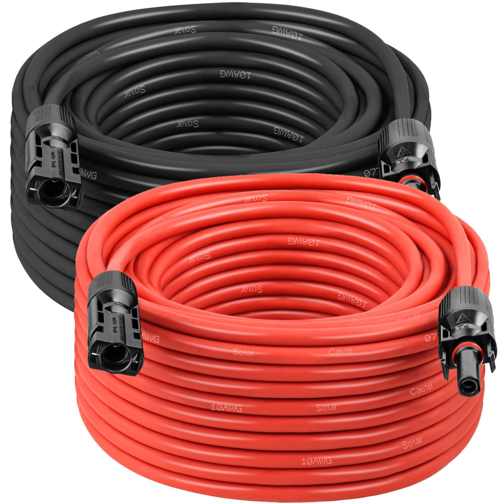 MOOKEERF front view of cable pair showing red and black 50ft wires and packaging, durable choice