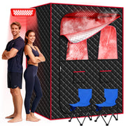 Morfone front view of assembled sauna showing roomy entrance and windows, easy setup benefit