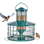 Mosloly front view of feeder showing hanging and squirrel-resistant cage benefit
