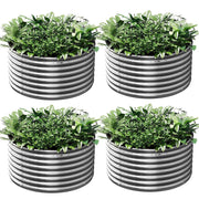 Mostmahes front view showing four round galvanized beds, durable outdoor gardening benefit