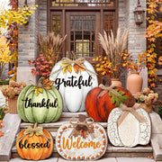 Moucuny front view of six pumpkin signs showing warm fall curb appeal