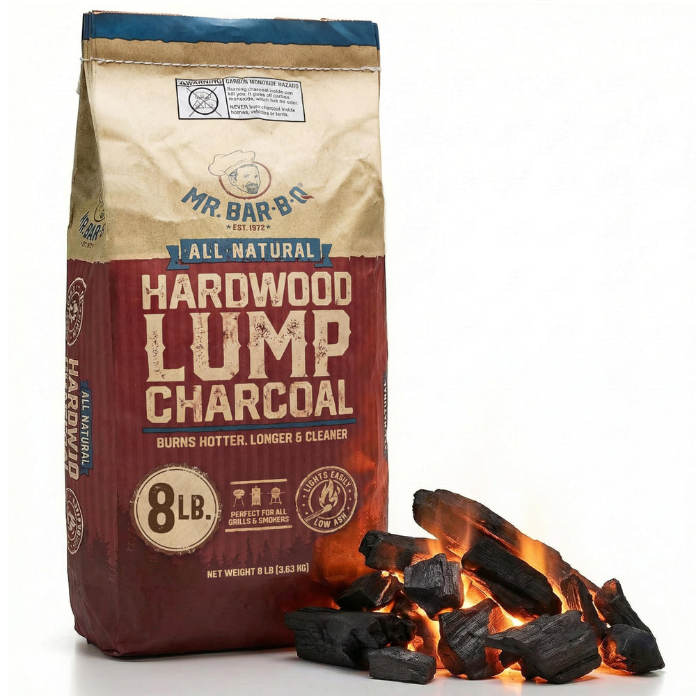 Mr. Bar-B-Q front of bag showing 8 lb branding and grilling benefit