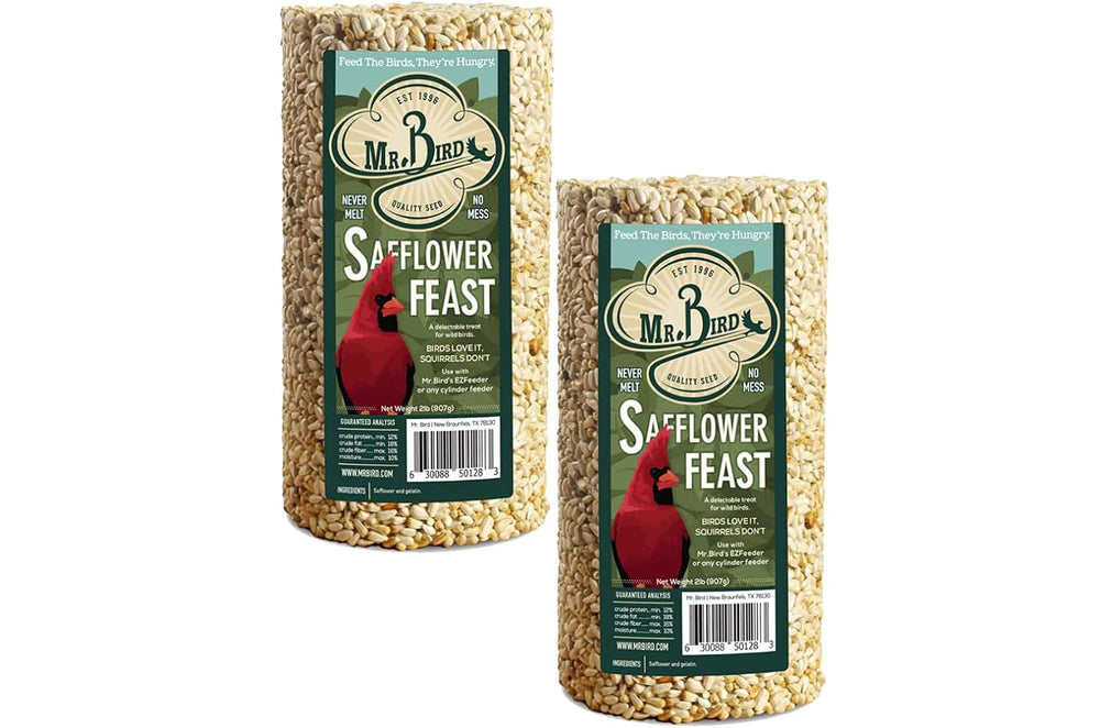 Mr. Bird safflower cylinder front packaging showing product and clean-feeding benefit