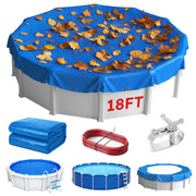 MR. COVER front view of 18ft pool cover packaging showing product benefit of clear sizing