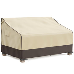 MR. COVER front view on two-seater patio sofa protecting cushions