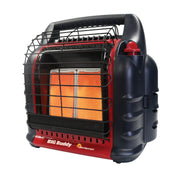 Mr. Heater Big Buddy front view showing compact portable heater and benefits