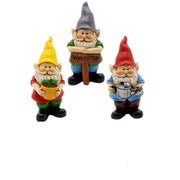 MUAMAX front view of three gnome figurines showing cheerful scene and garden charm