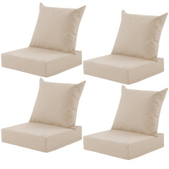 MuaMelop front view of four beige cushion sets showing coordinated patio styling and uniform fit