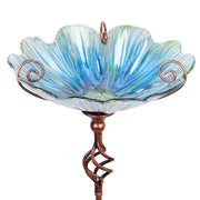 MUMTOP front view of blue glass birdbath showing decorative bowl and stake, enhances yard beauty