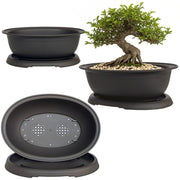 MUZHI front view of three oval planters showing matte finish and trays