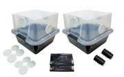 Myco Labs front view of two 28Q cube monotubs showing included accessories and compact design