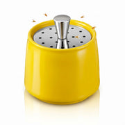 Mysora front view of yellow ceramic fruit fly trap showing elegant jar and lid benefit: discreet kitchen protection
