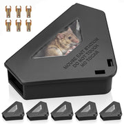 Mysora front view of six black bait stations showing compact cluster and discreet protection