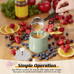 Mysora trap on kitchen counter capturing flies near fruit bowl for cleaner surfaces
