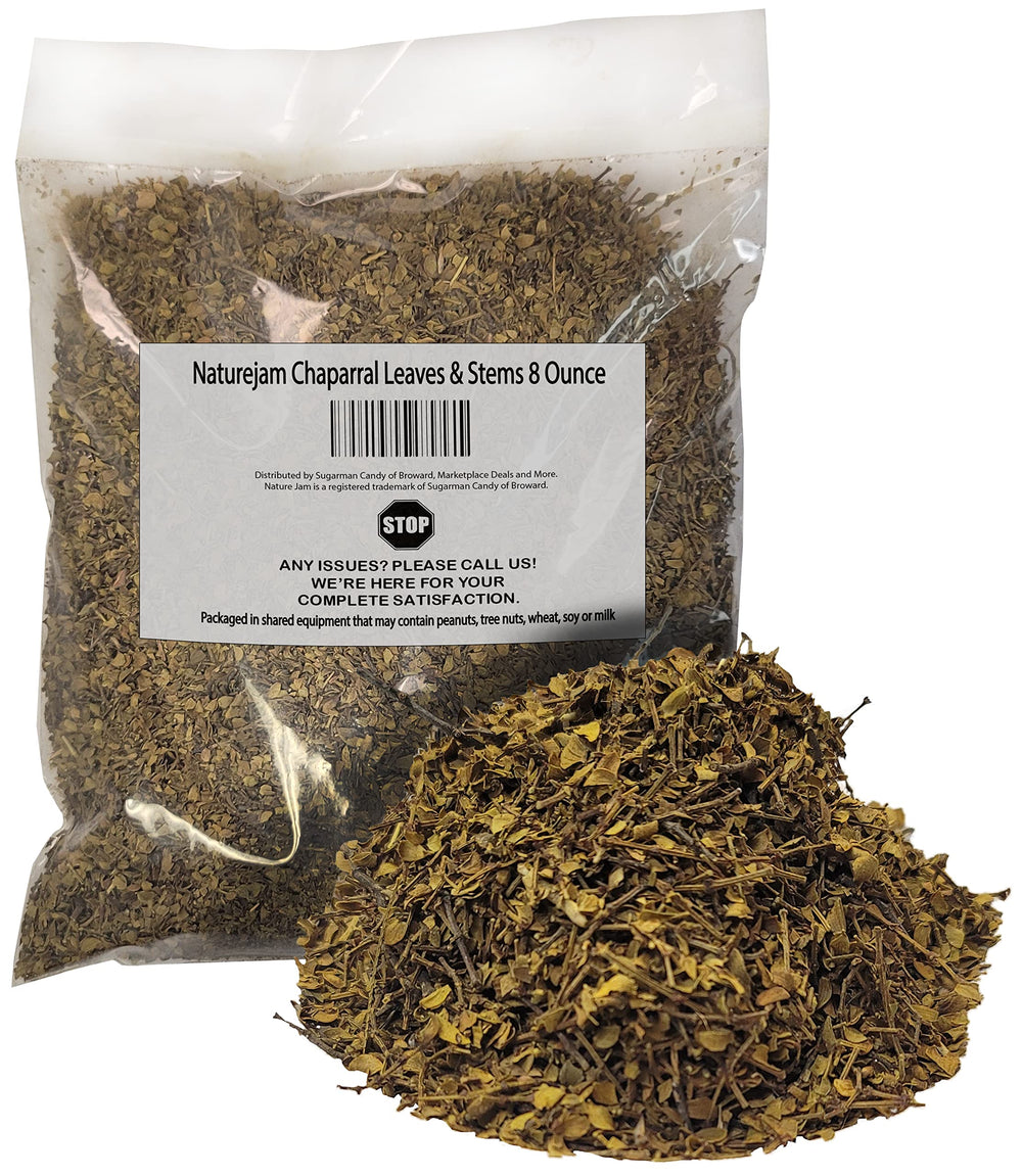 Naturejam front packaging showing 8 oz bulk chaparral and clear labeling benefit: clear sourcing