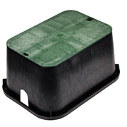 NDS front view of closed valve box showing black body and green cover for discreet protection