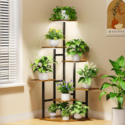 Nedechom front view of corner plant stand showing organized plants and compact footprint benefit