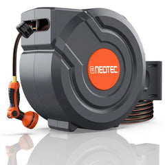 NEO-TEC reel front view showing neat wall-mounted storage and fast setup benefit