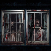 Newwiee front view of bloody ghost curtain showing full spooky silhouette and curb appeal