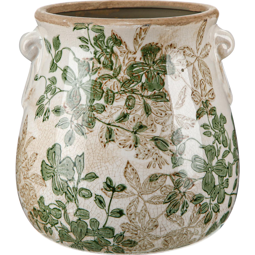 Ninehaoou front view of double green ceramic planter showing scroll design and shape benefit