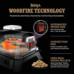 Ninja woodfire pellet tray close-up showing pellets and easy fill for smoky flavor