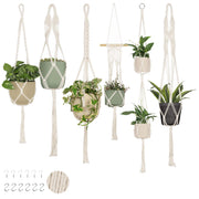 Nook Theory front view of six cream macrame hangers showing cohesive set and versatility