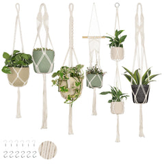 Nook Theory front view of six cream macrame hangers showing cohesive set and versatility