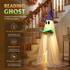 Nsoyos reading ghost spellbook detail highlighting printed Halloween text