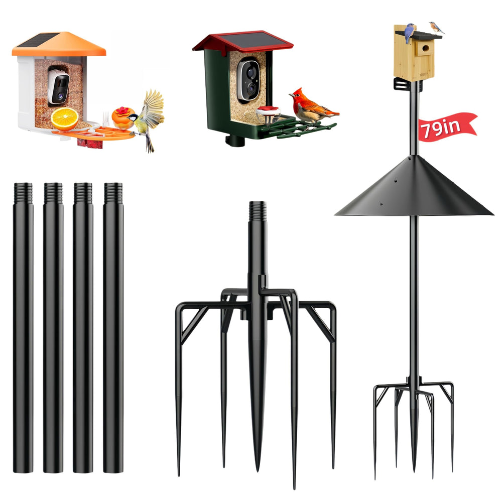 NSYOOMH pole front view showing full pole and baffle, highlights secure feeder placement