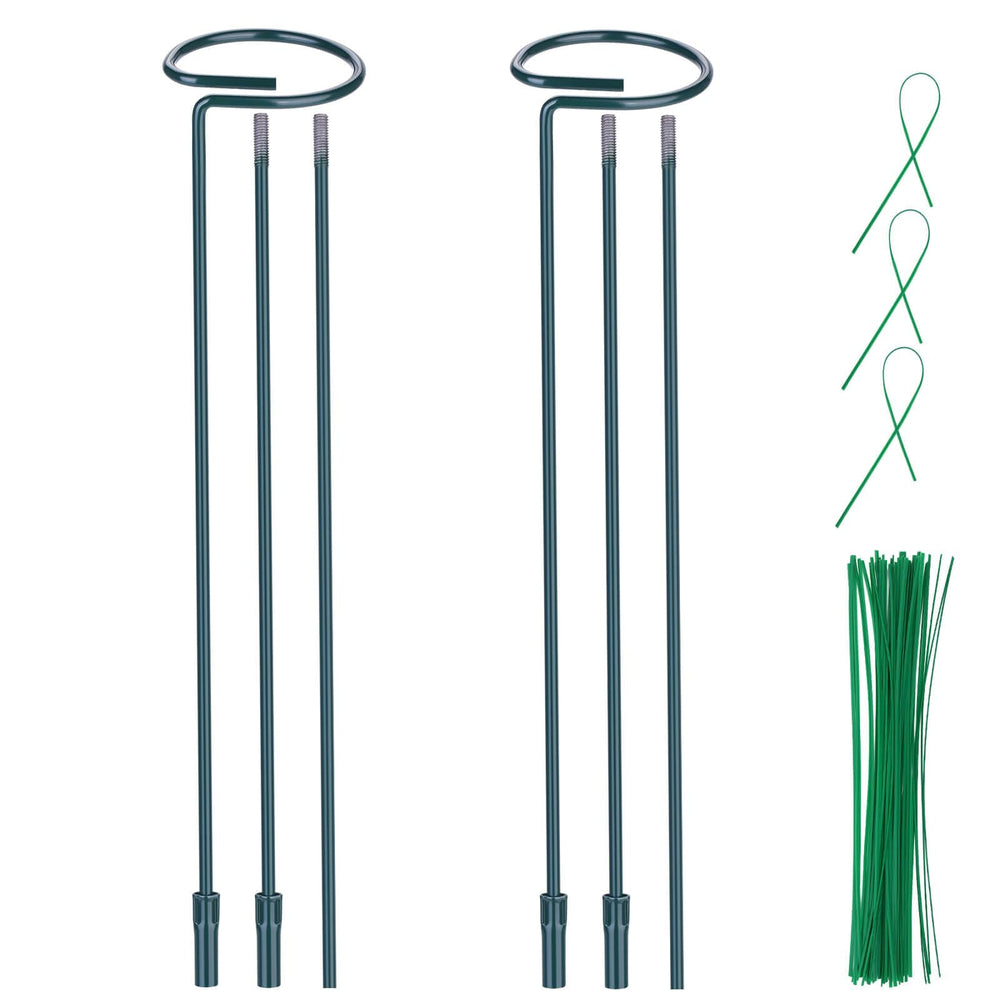 Numyew front packaging showing two green plant support stakes with rings and twist ties for tidy support