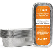 NUPICK front pack showing 15 disposable drip pans and clear compatibility labeling
