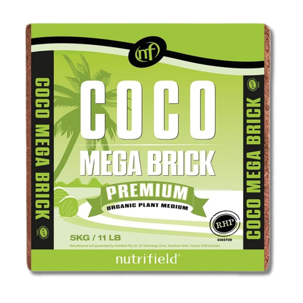 NUTRIFIELD front packaging of 5kg coco mega brick showing compact shipping benefit