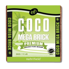 NUTRIFIELD front packaging of 5kg coco mega brick showing compact shipping benefit