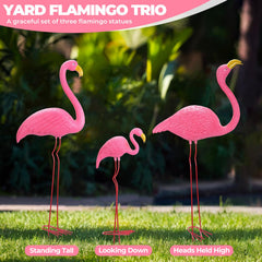 Ohuhu flamingo family staged on lawn creating playful garden focal point
