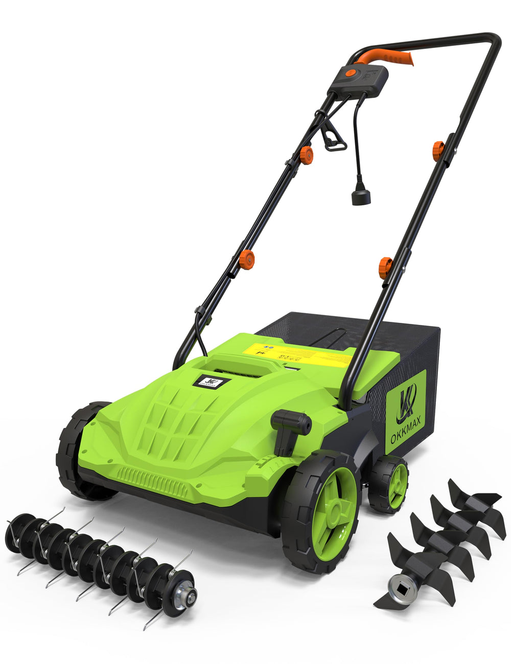 OKKMAX front view of unit showing controls and intake, faster lawn cleanup