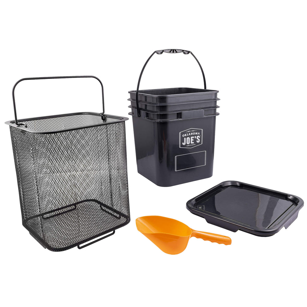 Oklahoma Joe's front view of pellet bucket showing airtight lid and handle for dry storage