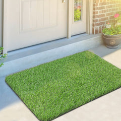 OLanto front view at doorway showing welcoming green mat benefit: decorative entrance