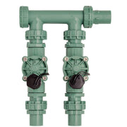 Orbit 57250 front overview showing assembled two-valve manifold and fittings for easier service