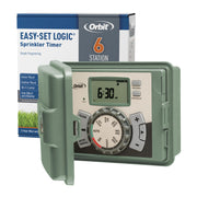 Orbit 57896 front view showing compact outdoor controller and secure lock