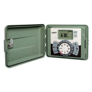 Orbit 57900 front panel closed showing weatherproof cabinet protecting controller