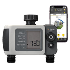 Orbit B-hyve XD front view showing dual outlets and compact profile for easy zone control