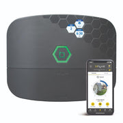 Orbit B-hyve XR front panel showing controls and app pairing benefits